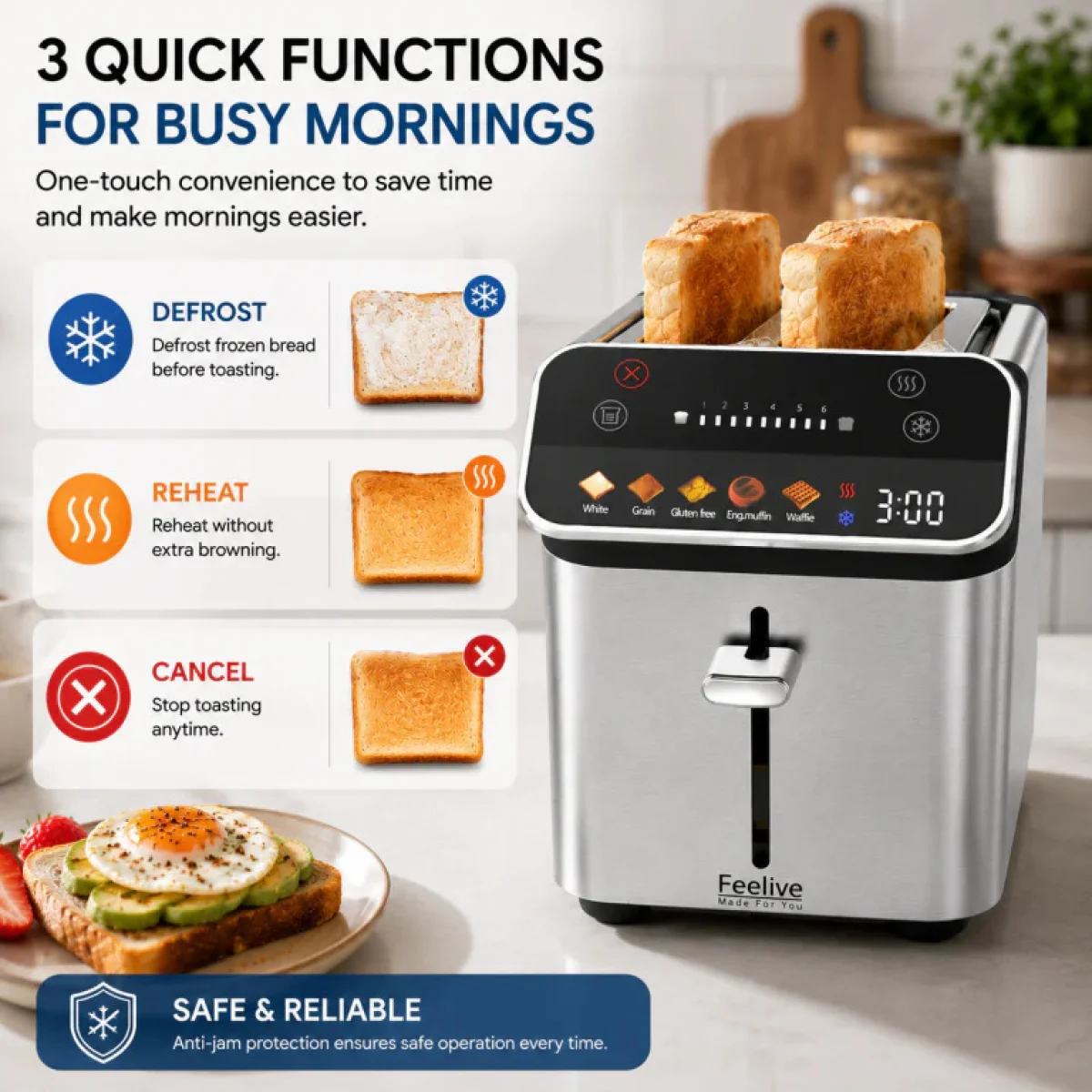Feelive 2 Slice Stainless Steel Digital Smart Toaster
