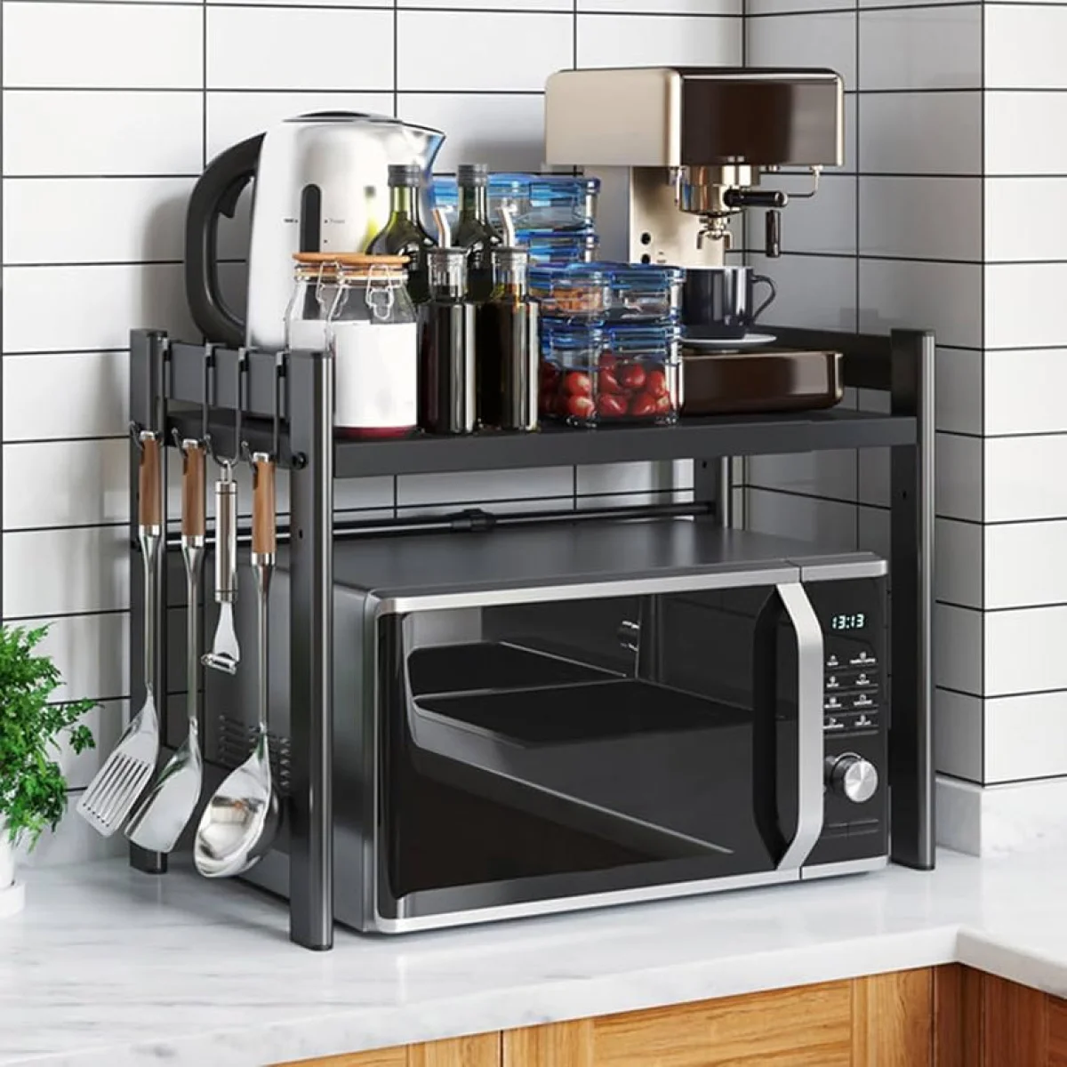 Black Microwave Oven Shelf Rack with Storage